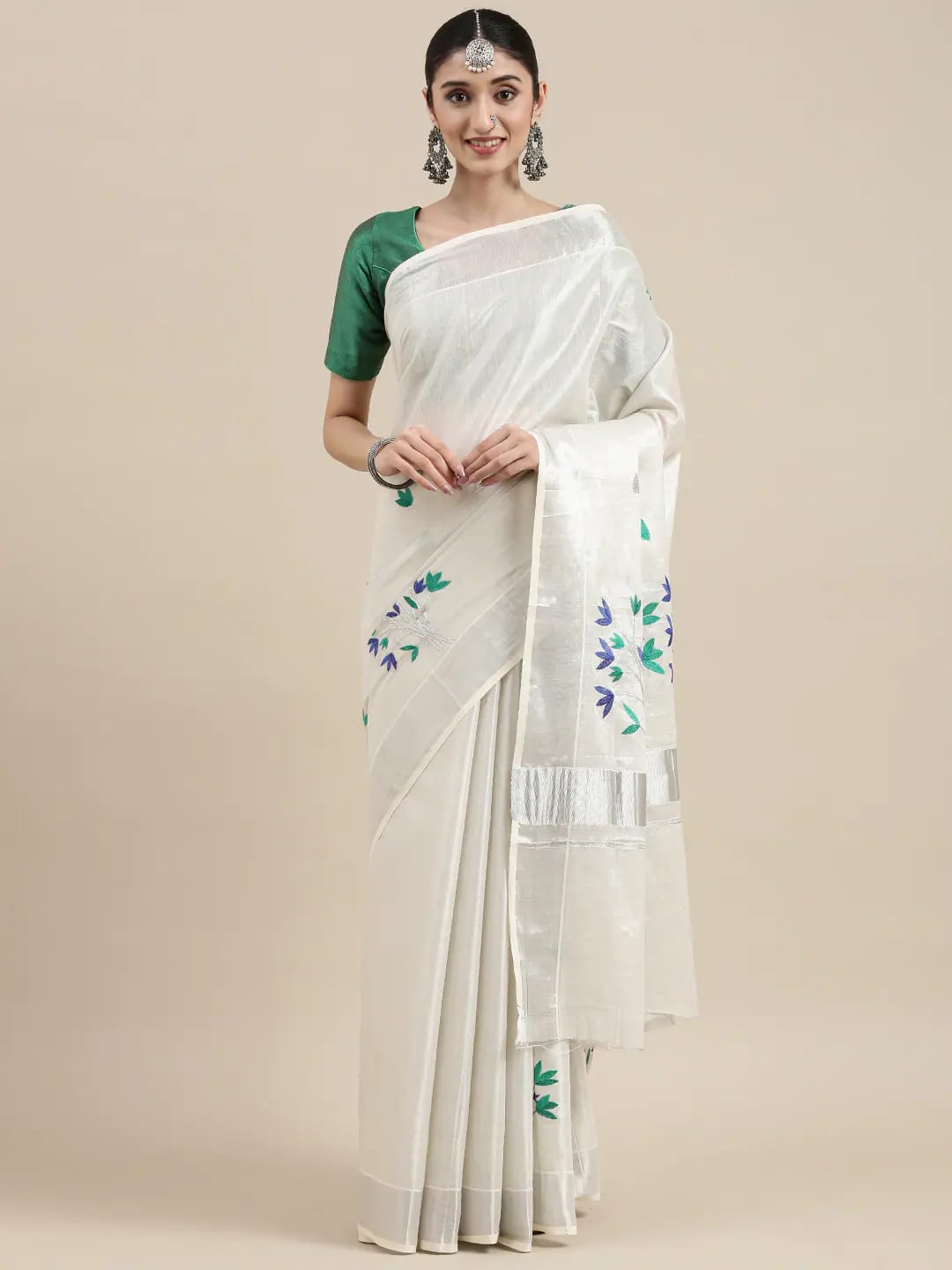 Traditional Onam Kasavu Tissue Embroidery Kerala Saree